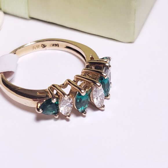 Estate 1.16ctw Natural Mq Dia &Lab Created Emerald 14Kt YG Anniversary Ring23118 - Picture 4 of 6